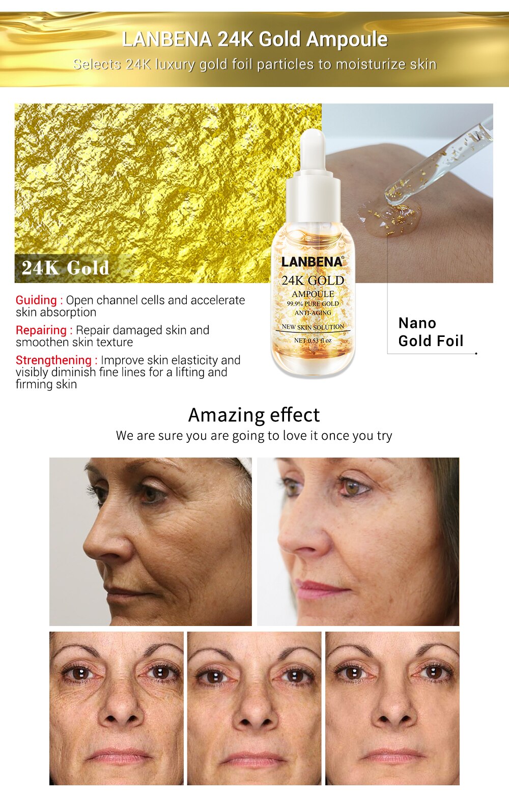 LANBENA Skin Care Face Serum Vitamina C Whitening Serum Facial Essential Oil 24k Gold Serum Essences Hyaluronic Acid Face Care