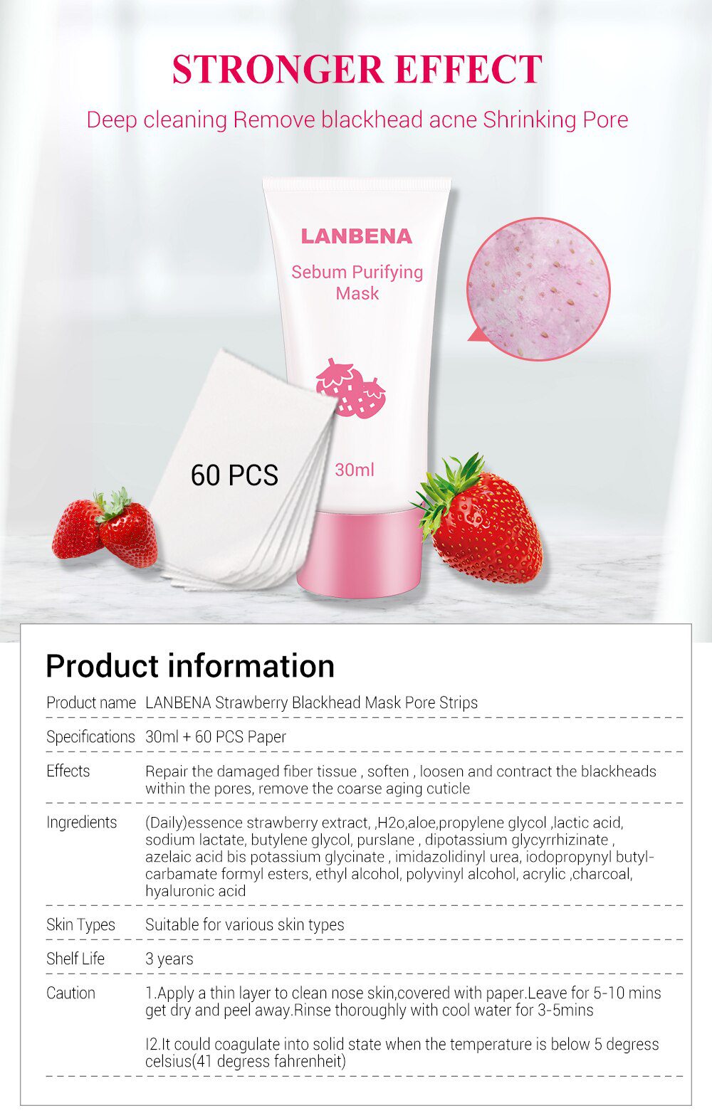 LANBENA Face Mask Strawberry Blackhead Remover Nose Mask Mud Pore Strip Black Mask Peel off Mask Acne Treatment Nose Skin Care