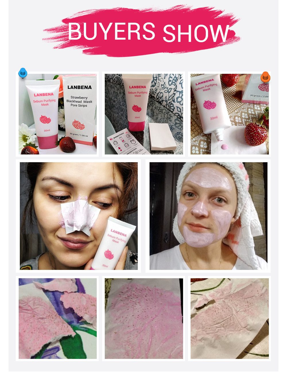 LANBENA Face Mask Strawberry Blackhead Remover Nose Mask Mud Pore Strip Black Mask Peel off Mask Acne Treatment Nose Skin Care