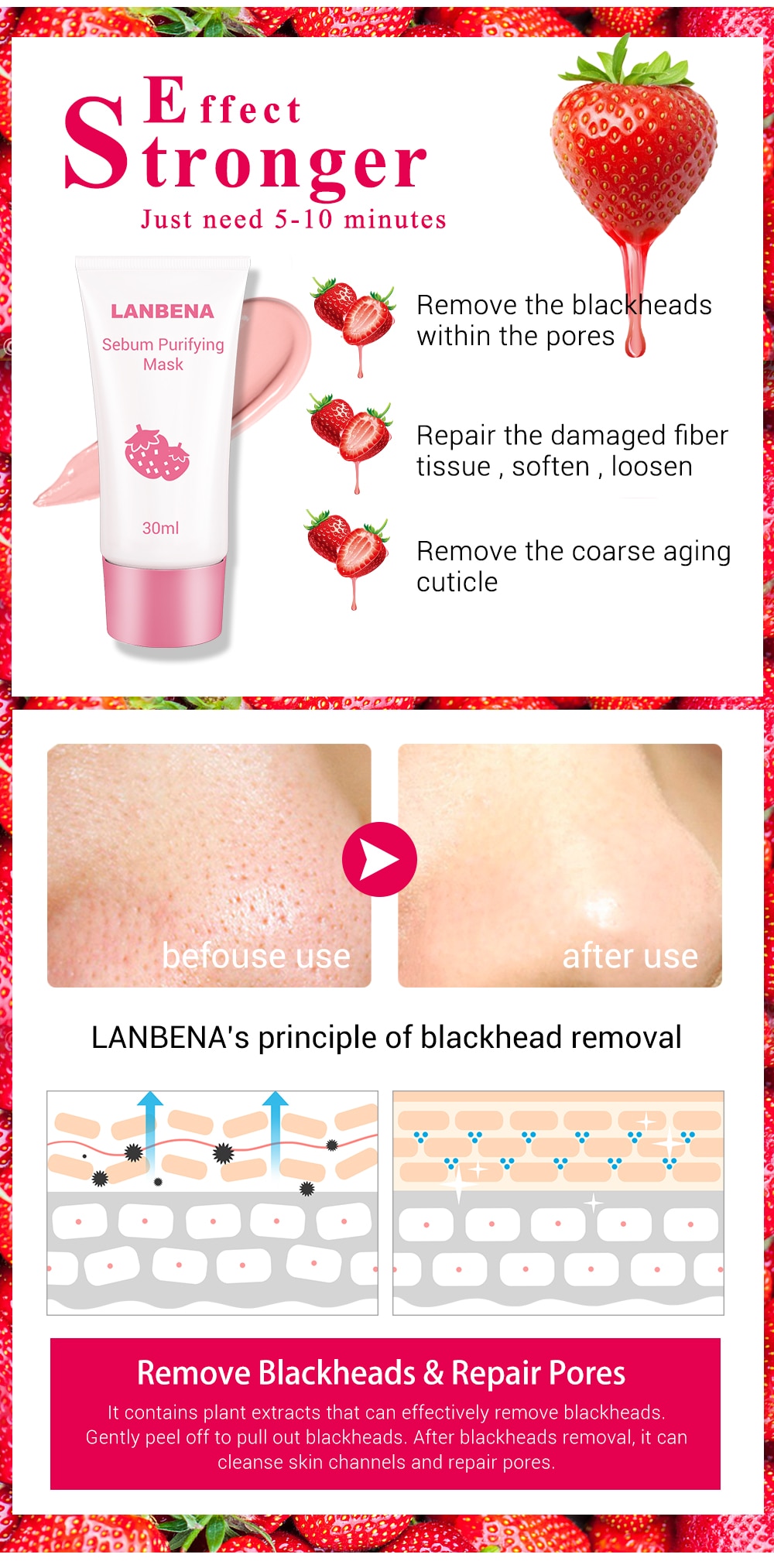 LANBENA Face Mask Strawberry Blackhead Remover Nose Mask Mud Pore Strip Black Mask Peel off Mask Acne Treatment Nose Skin Care