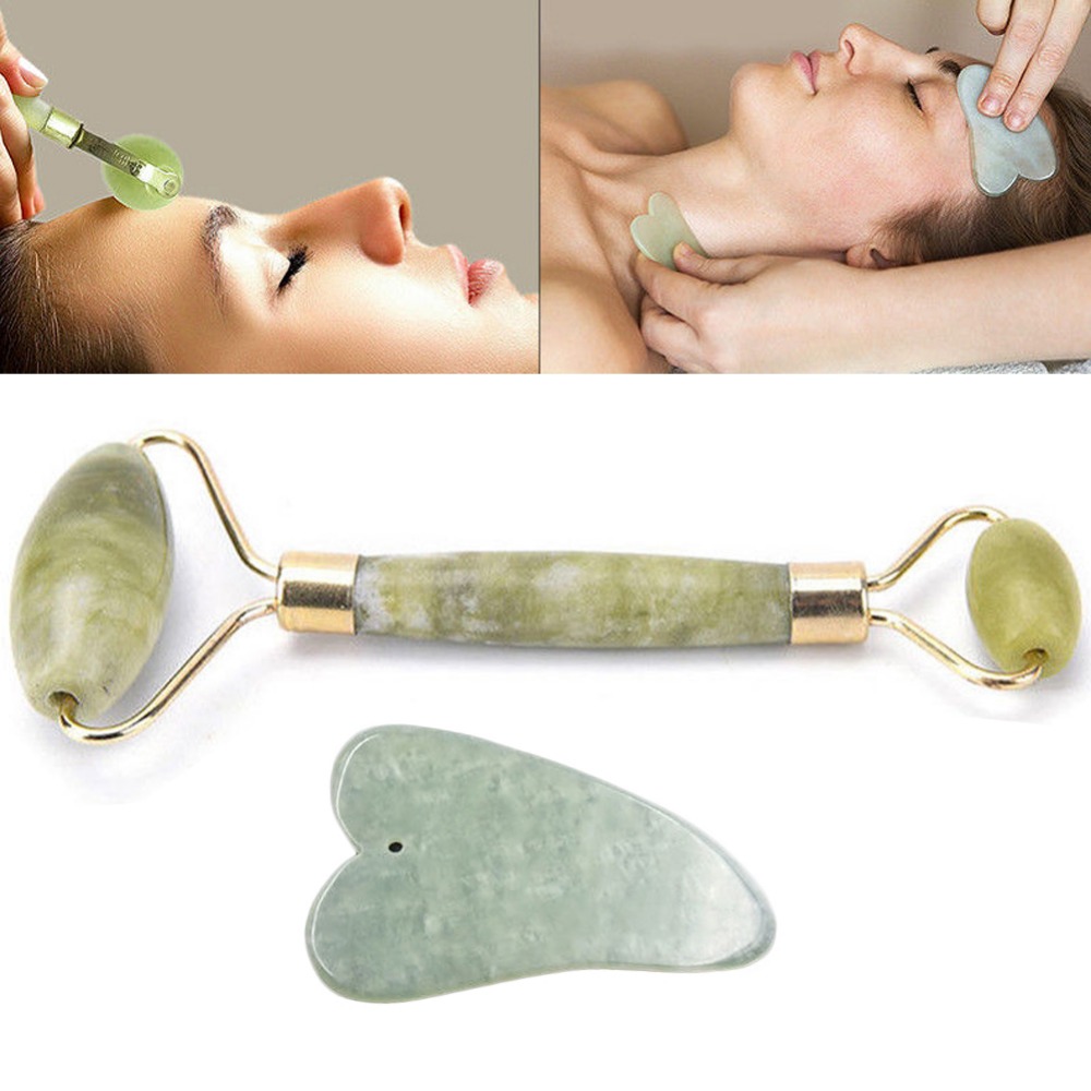 2pcs Facial Massage Jade Roller Face Neck Natural Stone Health Care Body Jade Gua Sha Board Beauty Tool Set #281270