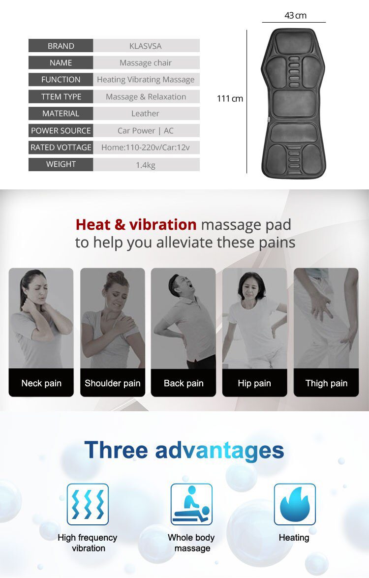 KLASVSA Electric Portable Heating Vibrating Back Massager Chair In Cussion Car Home Office Lumbar Neck Mattress Pain Relief