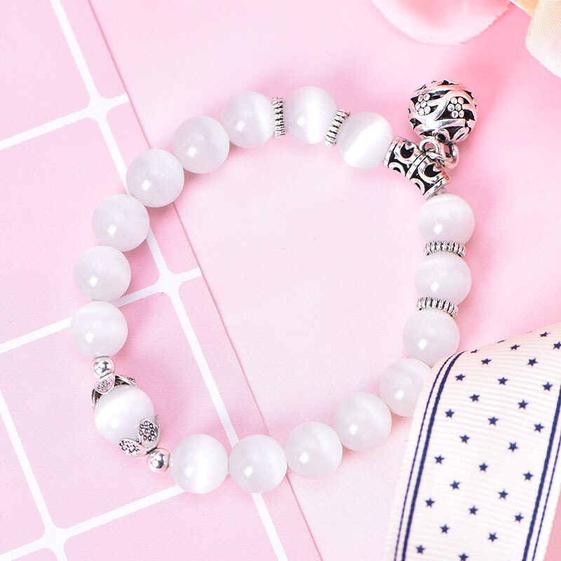 Body Slimming Weight Loss Anti-Fatigue Healing Bracelet White Cat Eye Bead Stretch Bracelet Magnetic Therapy Bead Slim For Women