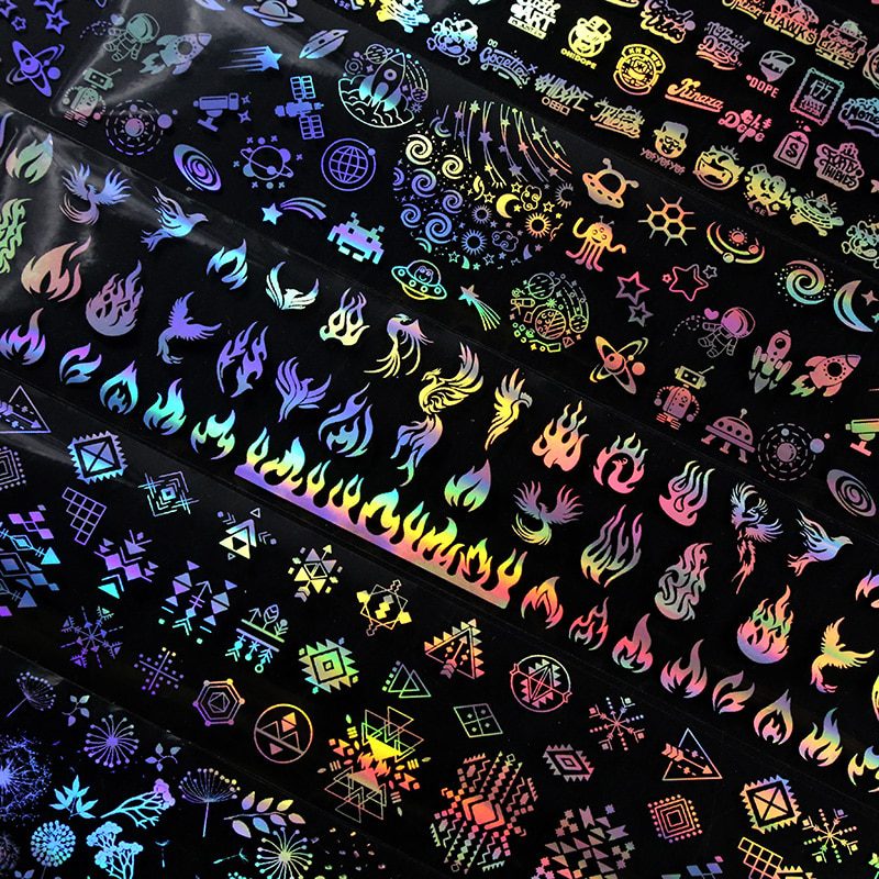 4*100cm/Roll Holographic Nail Foil Flame Dandelion Panda Bamboo Holo Nail Art Transfer Sticker Water Slide Nail Art Decals