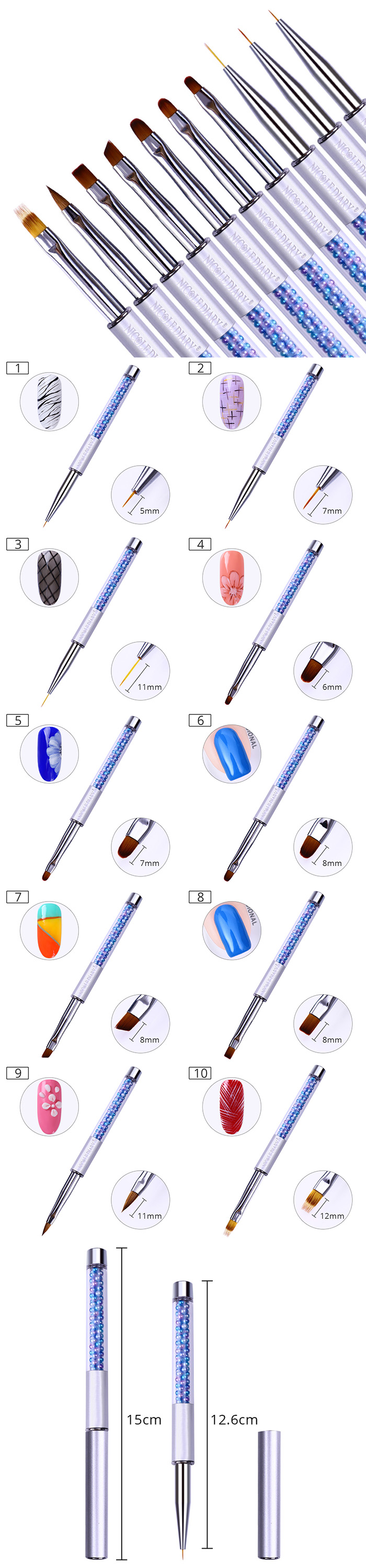 NICOLE DIARY UV Gel Brush Liner Painting Pen Acrylic Drawing Brush for Nails Gradient Rhinestone Handle Manicure Nail Art Tool