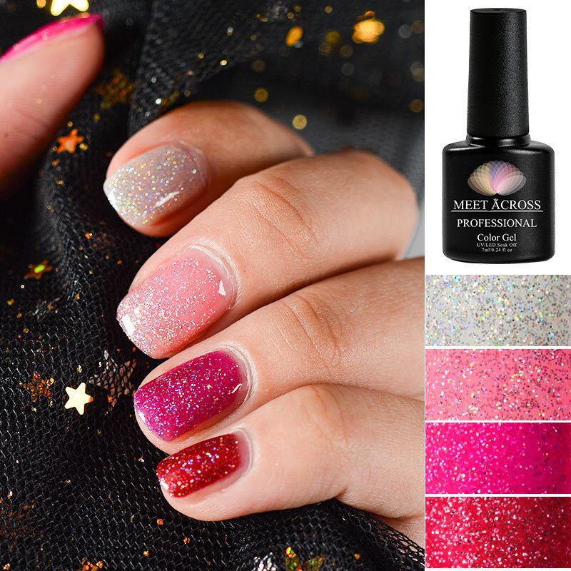 MEET ACROSS 7ml Nail Polish Holographic Glitter Platinum UV Nail Gel Polish Shine Shimmer Manicure Soak Off Nail Art Varnish