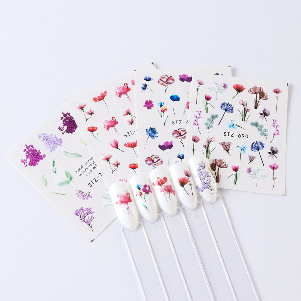 24pcs Watercolor Floral Flower Sticker Nail Decal Set Flamingo Letter Design Gel Manicure Decor Water Slider Foil CHSTZ683-706-1