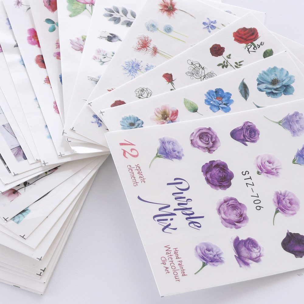 24pcs Watercolor Floral Flower Sticker Nail Decal Set Flamingo Letter Design Gel Manicure Decor Water Slider Foil CHSTZ683-706-1