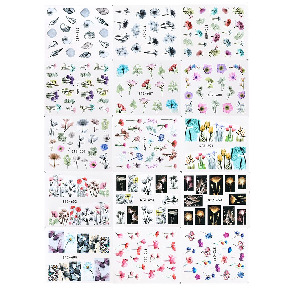 24pcs Watercolor Floral Flower Sticker Nail Decal Set Flamingo Letter Design Gel Manicure Decor Water Slider Foil CHSTZ683-706-1