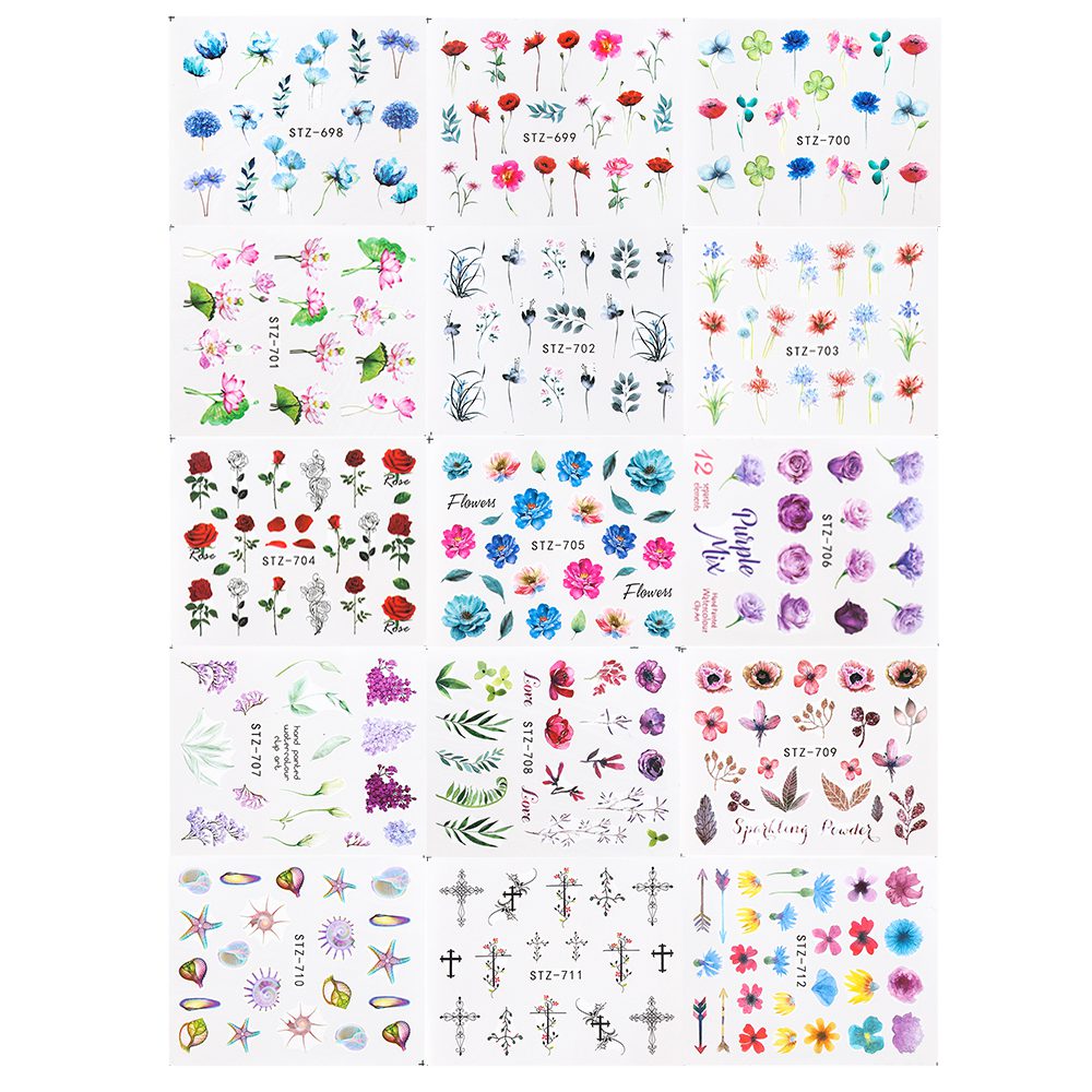 24pcs Watercolor Floral Flower Sticker Nail Decal Set Flamingo Letter Design Gel Manicure Decor Water Slider Foil CHSTZ683-706-1