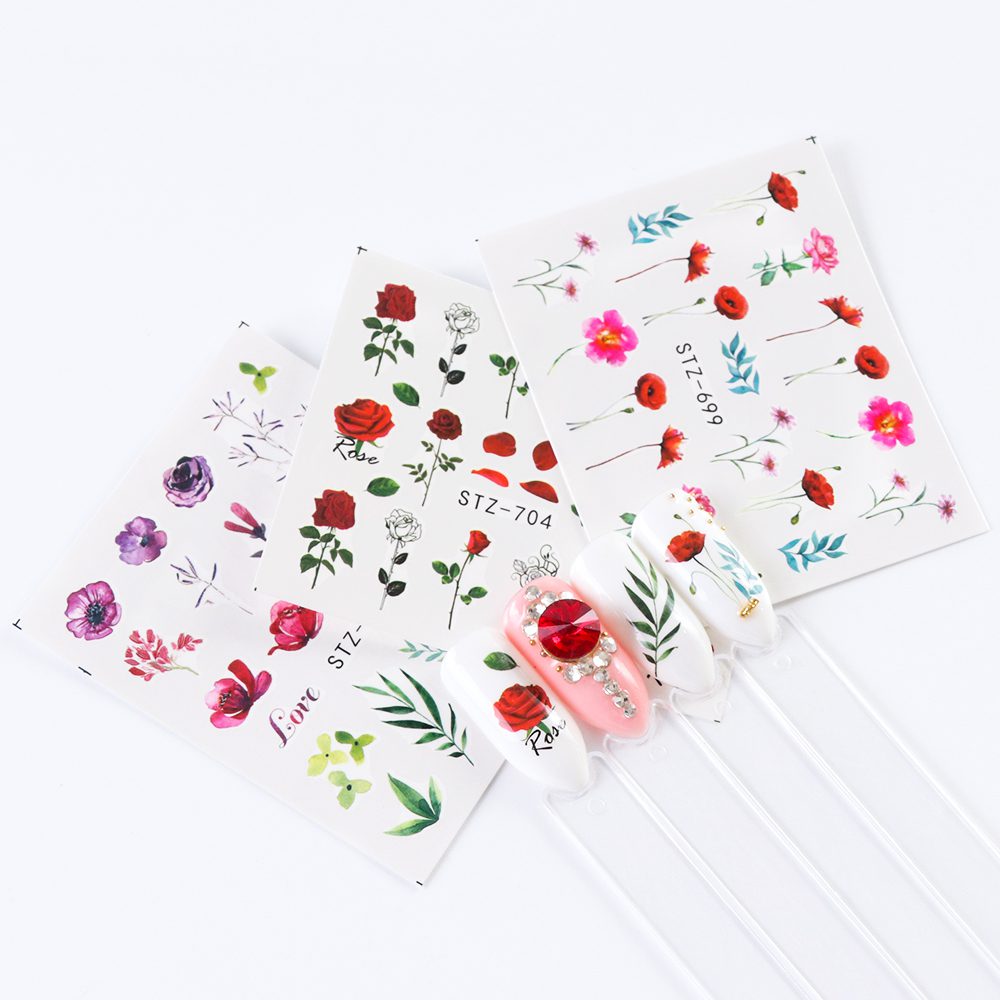 24pcs Watercolor Floral Flower Sticker Nail Decal Set Flamingo Letter Design Gel Manicure Decor Water Slider Foil CHSTZ683-706-1