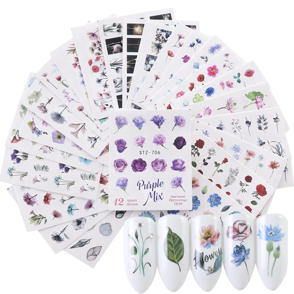 24pcs Watercolor Floral Flower Sticker Nail Decal Set Flamingo Letter Design Gel Manicure Decor Water Slider Foil CHSTZ683-706-1