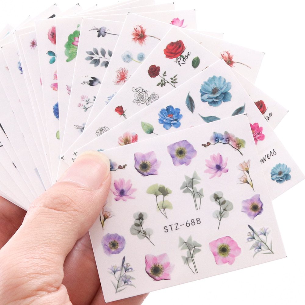 24pcs Watercolor Floral Flower Sticker Nail Decal Set Flamingo Letter Design Gel Manicure Decor Water Slider Foil CHSTZ683-706-1