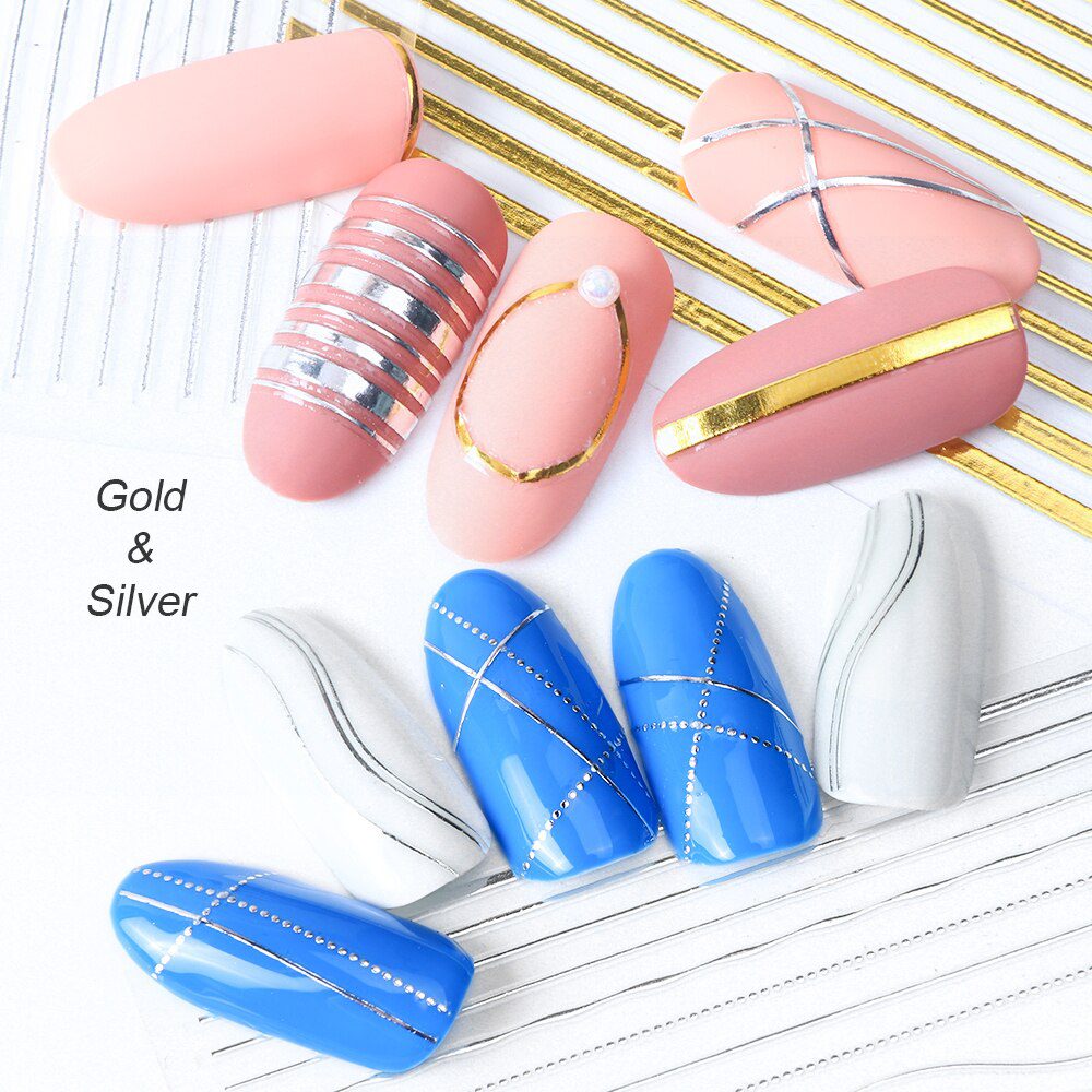 1pcs Gold Silver Sliders 3D Nail Stickers Straight Curved Liners Stripe Tape Wraps Geometric Nail Art Decorations BESTZG001-013