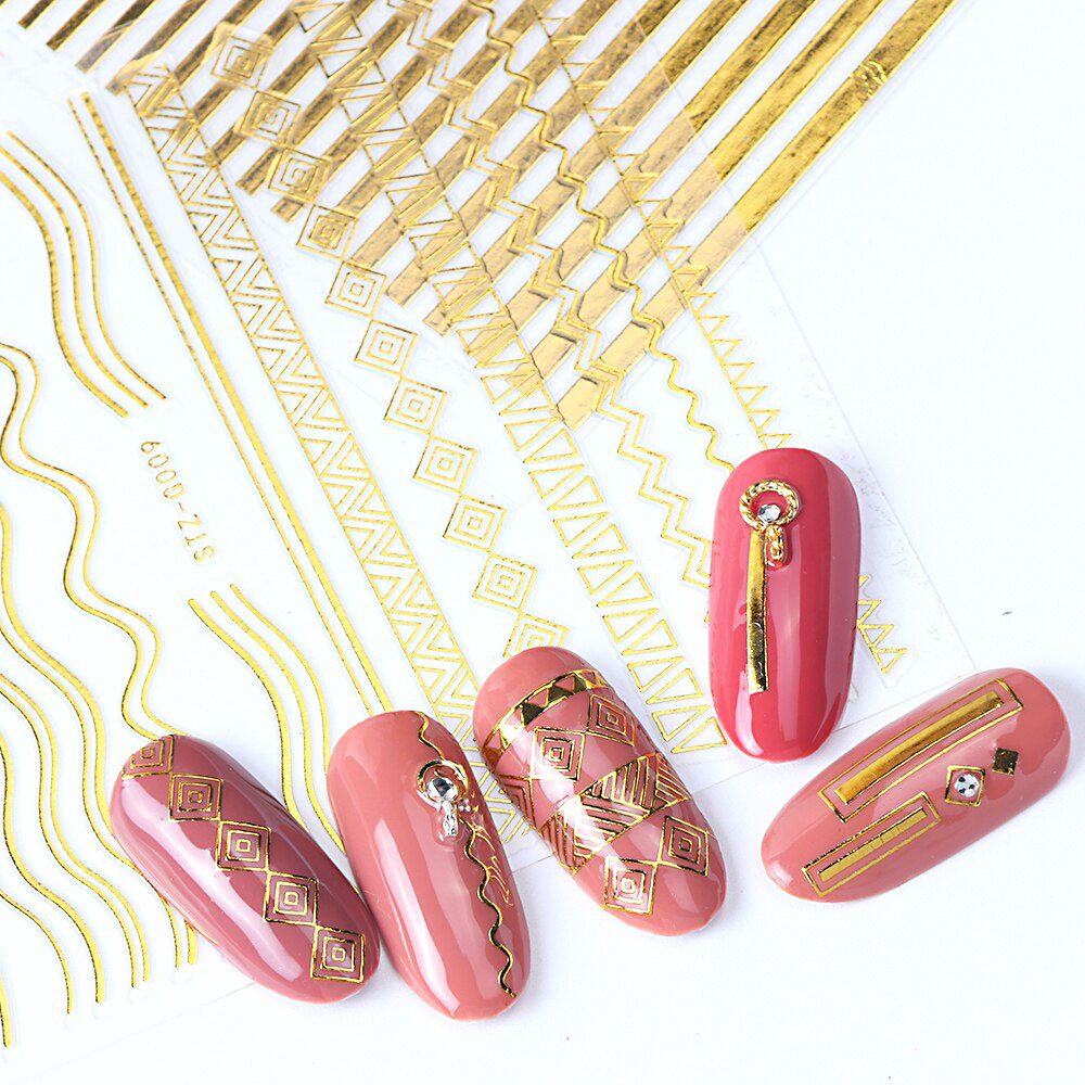 1pcs Gold Silver Sliders 3D Nail Stickers Straight Curved Liners Stripe Tape Wraps Geometric Nail Art Decorations BESTZG001-013