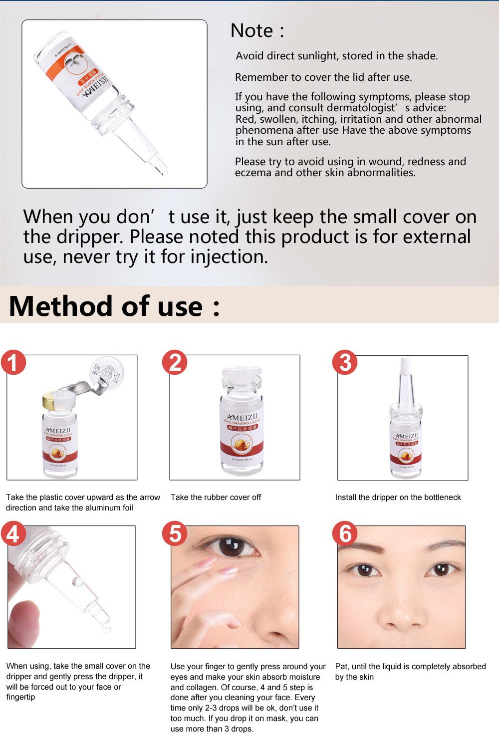 AMEIZII Snail Essence Hyaluronic Acid Serum Moisturizing Whitening Lifting Firming Essence Anti-Aging Face Skin Care Repair 1Pcs