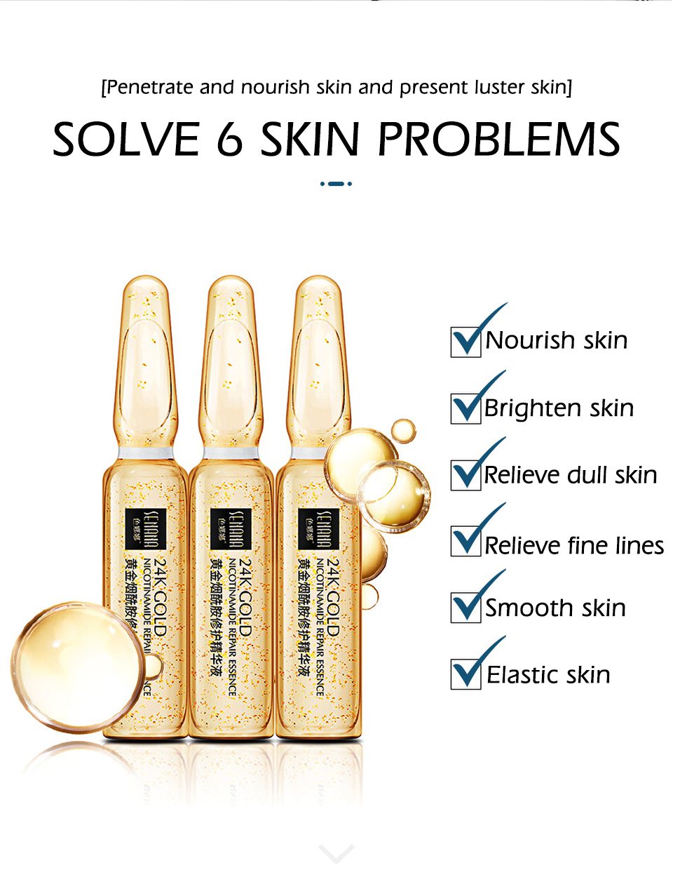 SENANA Hyaluronic Acid Face Serum 24k gold Nicotinamide Ampoule Anti-Aging Shrink pores Anti-Ance Whitening Moisturizing essence