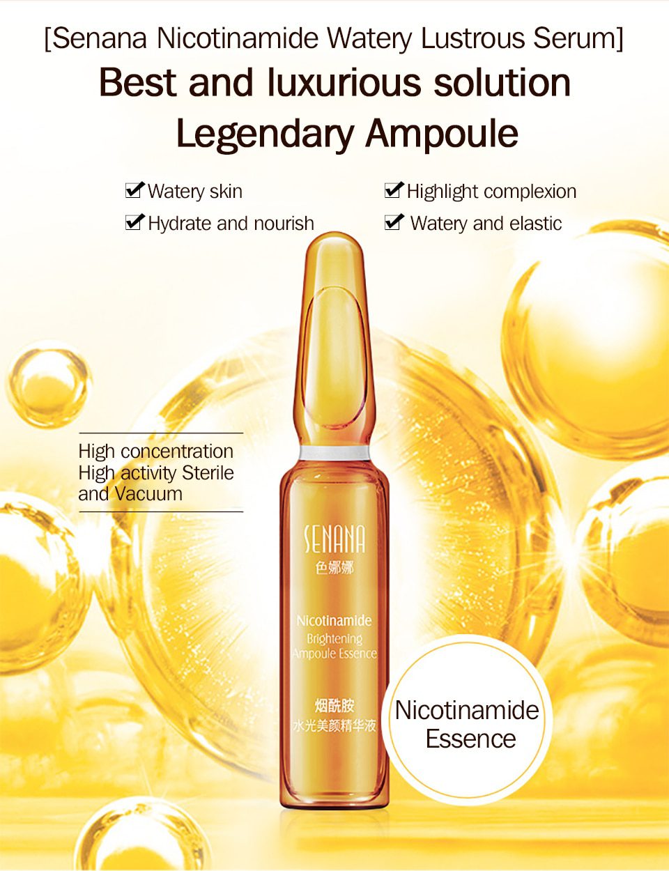 SENANA Hyaluronic Acid Face Serum 24k gold Nicotinamide Ampoule Anti-Aging Shrink pores Anti-Ance Whitening Moisturizing essence