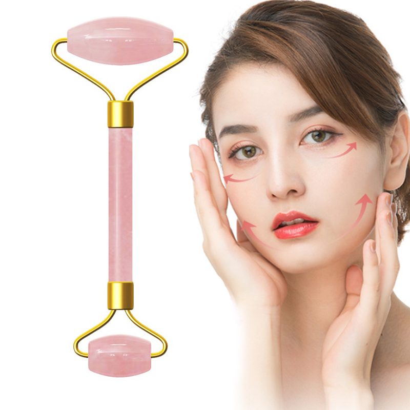 Pink Crystal Stone Jade Roller Set Face Lift Massage Roller Facial Slimming Massager Natural Quartz Stone Neck Massage Tool