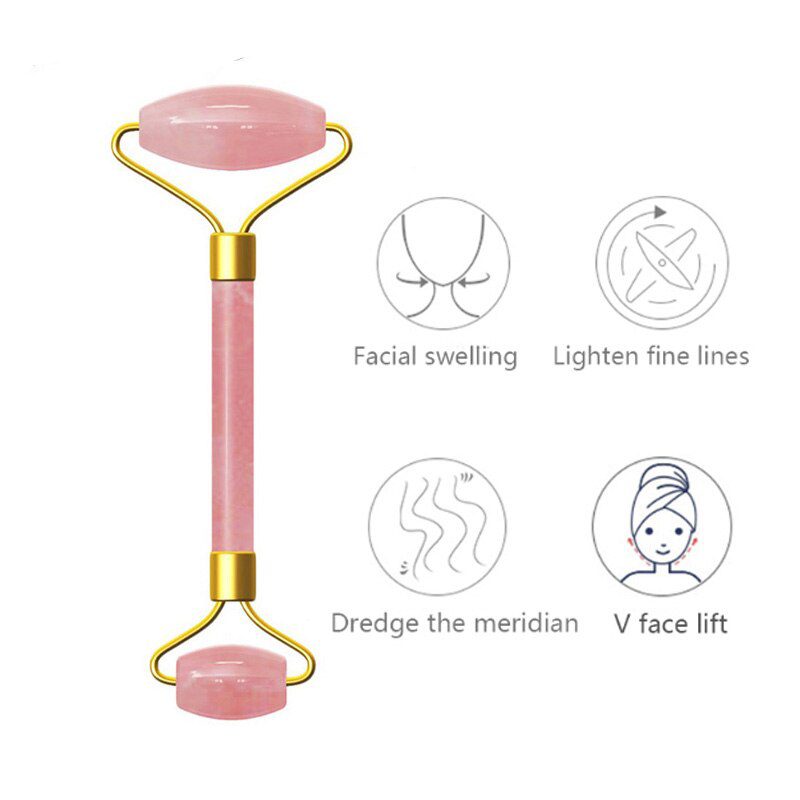 Pink Crystal Stone Jade Roller Set Face Lift Massage Roller Facial Slimming Massager Natural Quartz Stone Neck Massage Tool