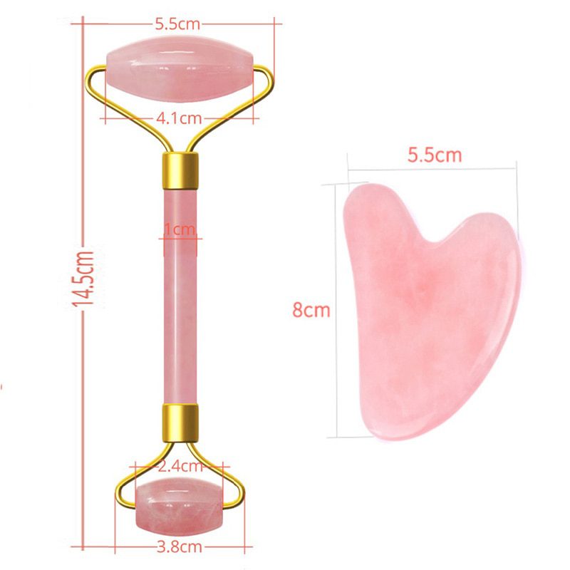 Pink Crystal Stone Jade Roller Set Face Lift Massage Roller Facial Slimming Massager Natural Quartz Stone Neck Massage Tool