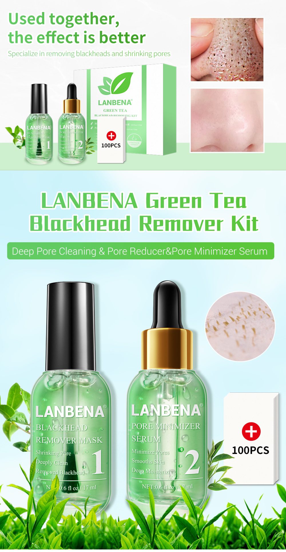 LANBENA Face Serum Blackhead Remover Shrinking Pore Acne Treatment  Deep Cleaning Smoothing Skin Care Firming Essence Beauty Set