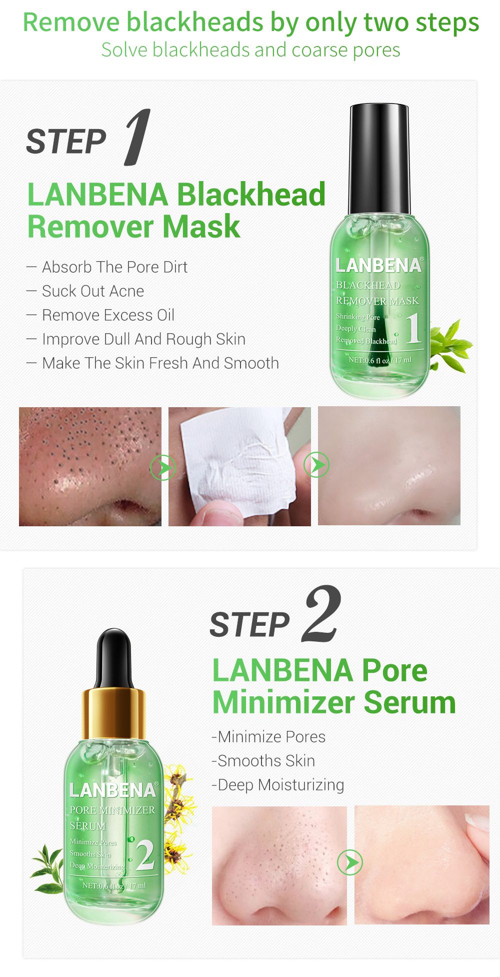 LANBENA Face Serum Blackhead Remover Shrinking Pore Acne Treatment  Deep Cleaning Smoothing Skin Care Firming Essence Beauty Set