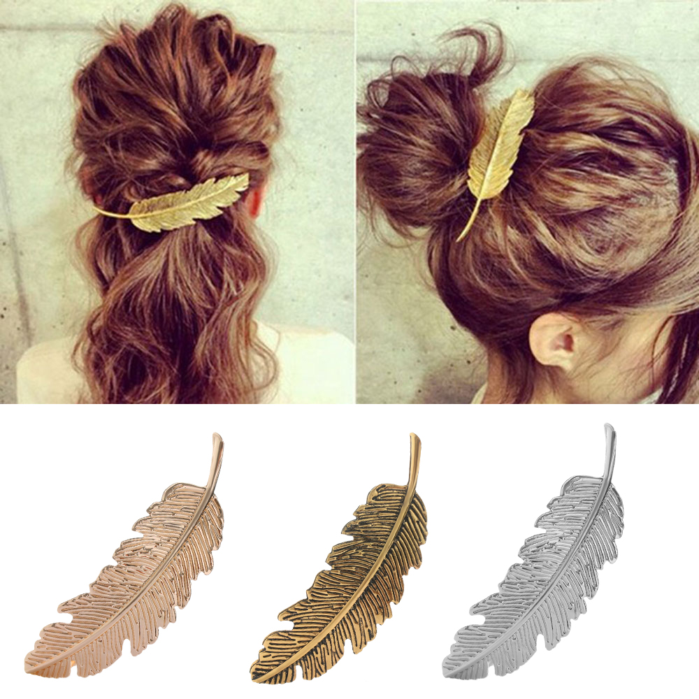 1Pcs Fashion Metal Leaf Shape Hair Clip Barrettes Crystal Pearl Hairpin Barrette Color Feather Hair Claws Hair Styling Tool