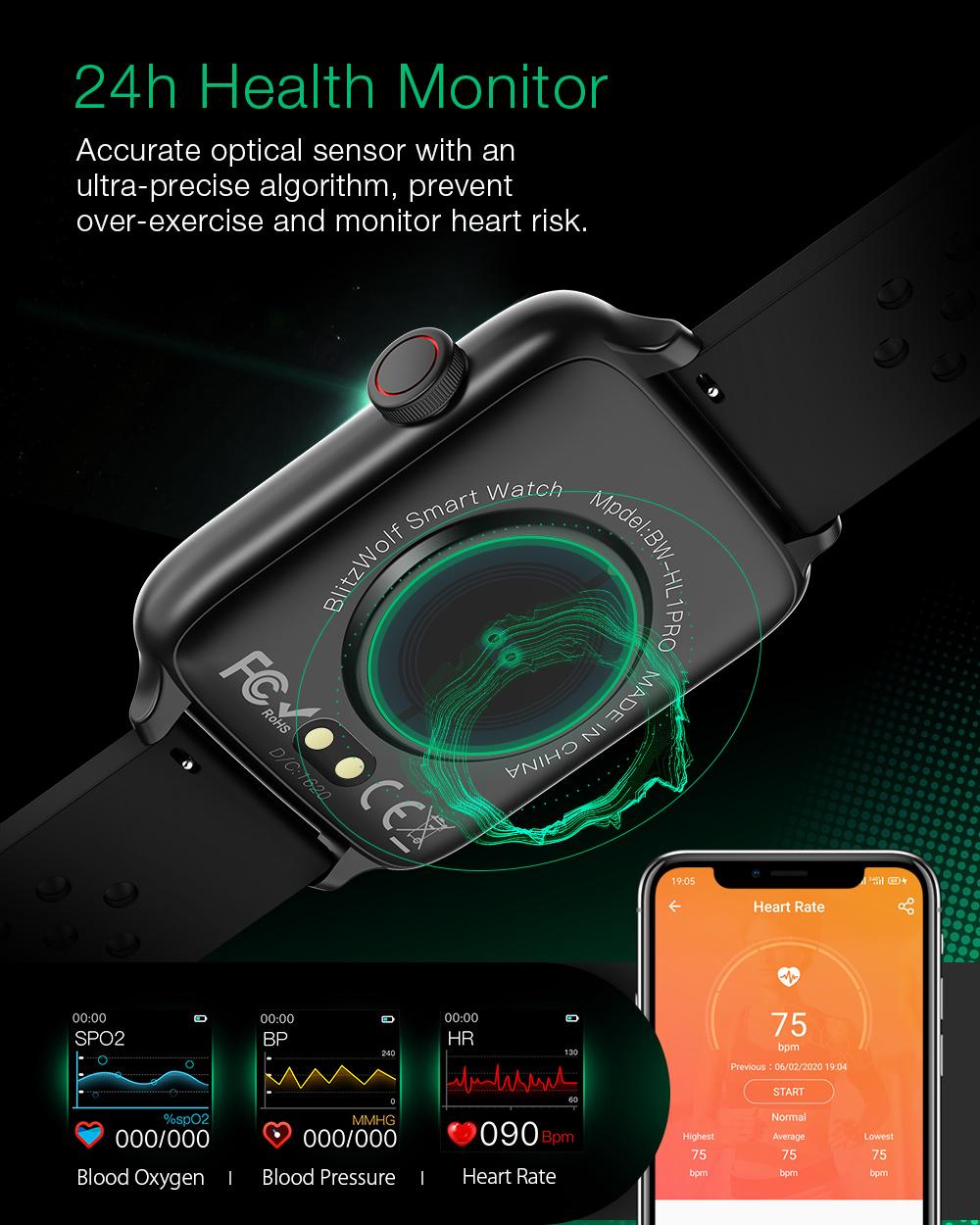 BlitzWolf BW-HL1Pro Smart Watch Smartwatch 2020 Watches for Men Women Kids Whatch Wach Fitness Tracker Heart Rate Blood Monitor