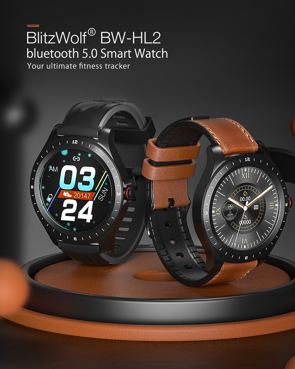 [ bluetooth 5.0 ] BlitzWolf BW-HL2 Smart Watch 1.3' Full Round Touch Screen Heart Rate Blood Pressure O2 Monitor IP67 Smartwatch