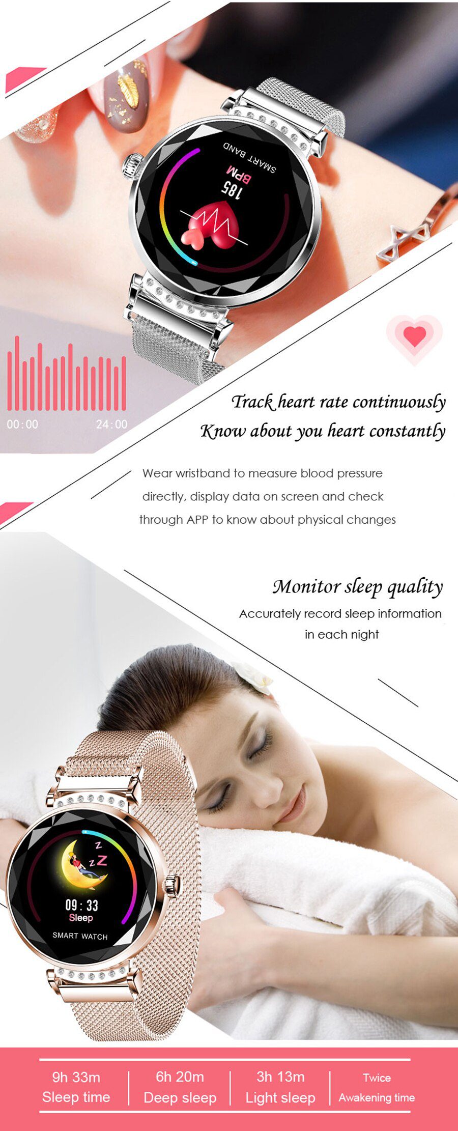 Newest Fashion H2 Smart Watch Women 3D Diamond Glass Heart Rate Blood Pressure Sleep Monitor Best Gift Smartwatch