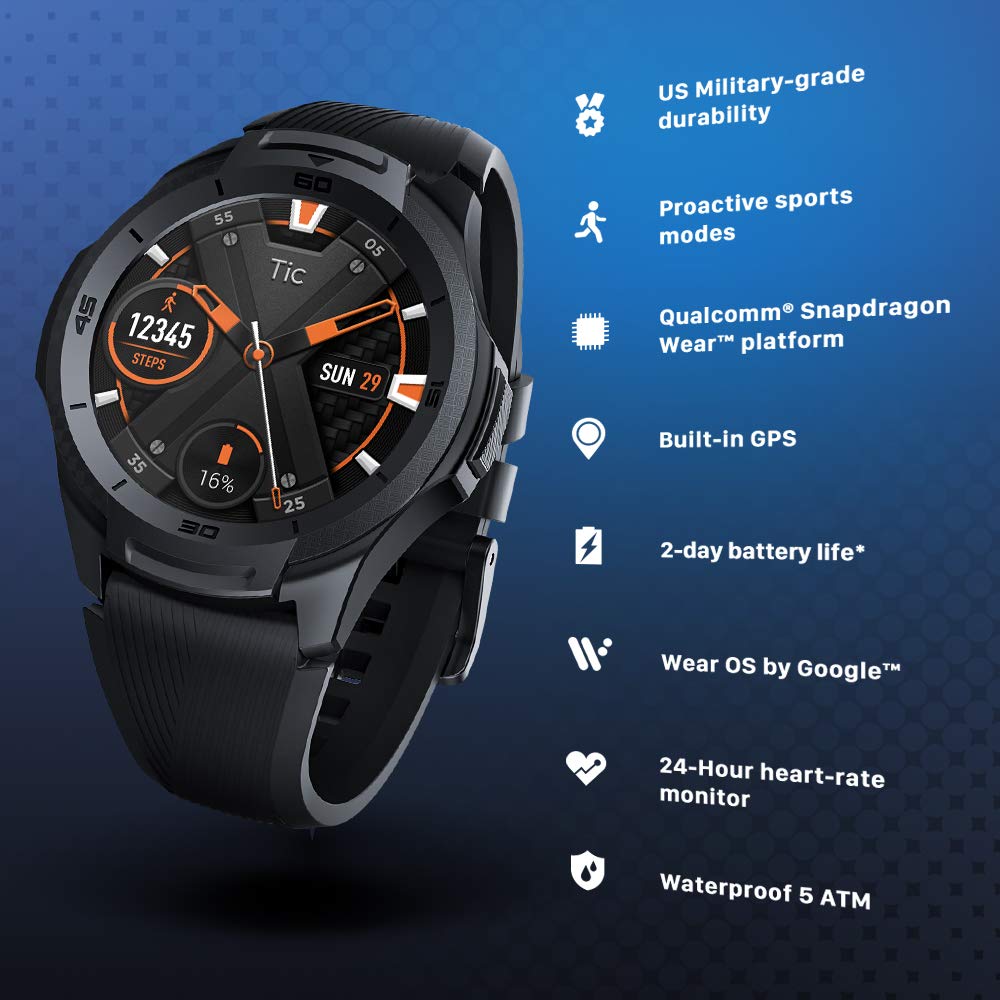 TicWatch S2 Wear OS by Google Smartwatch Bluetooth GPS Sport Watch for Men 5ATM Waterproof for IOS&Android Long Battery Life