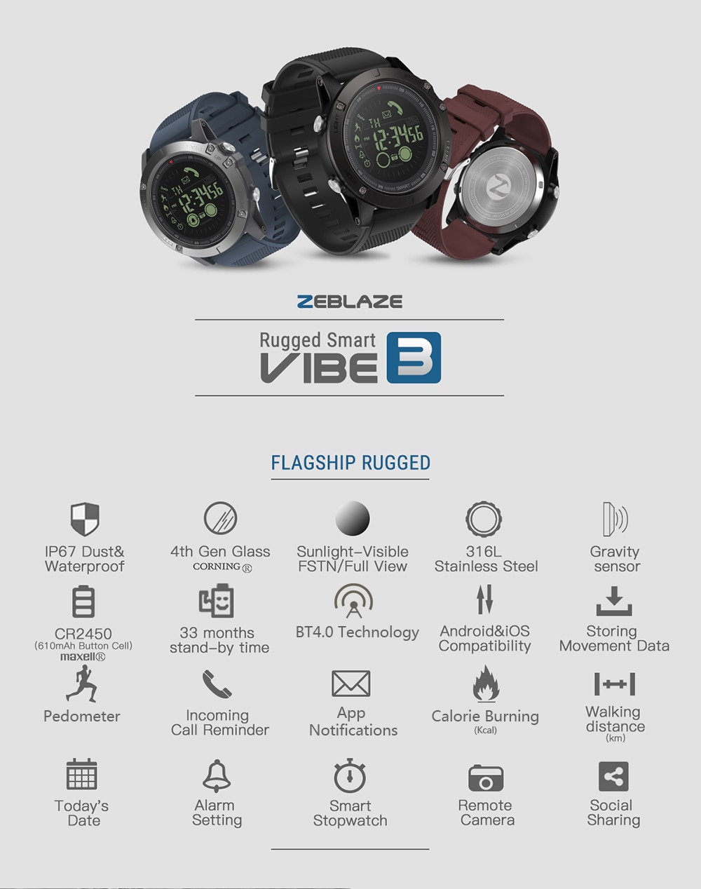 New Zeblaze VIBE 3 Flagship Rugged Smartwatch 33-month Standby Time 24h All-Weather Monitoring Smart Watch For IOS Android Watch
