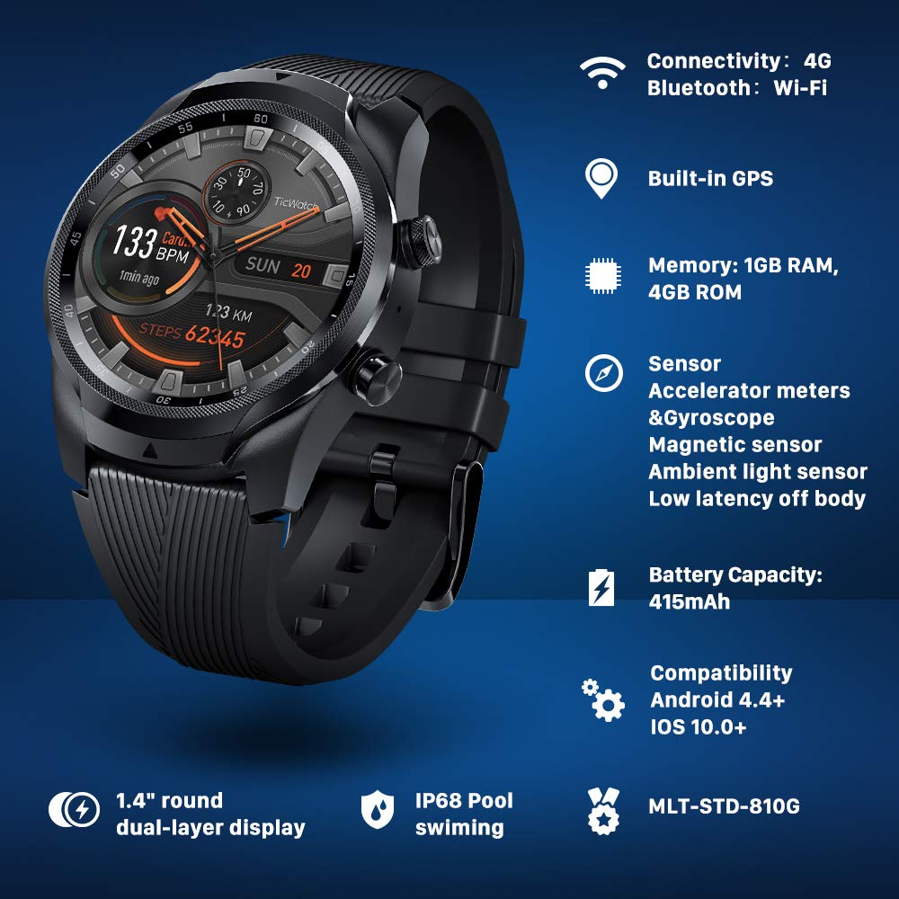 TicWatch Pro 4G/LTE US-Verizon Smartwatch for Men 1GB RAM Sleep Tracking Swim-Ready IP68 Waterproof Watch NFC Long Battery Life