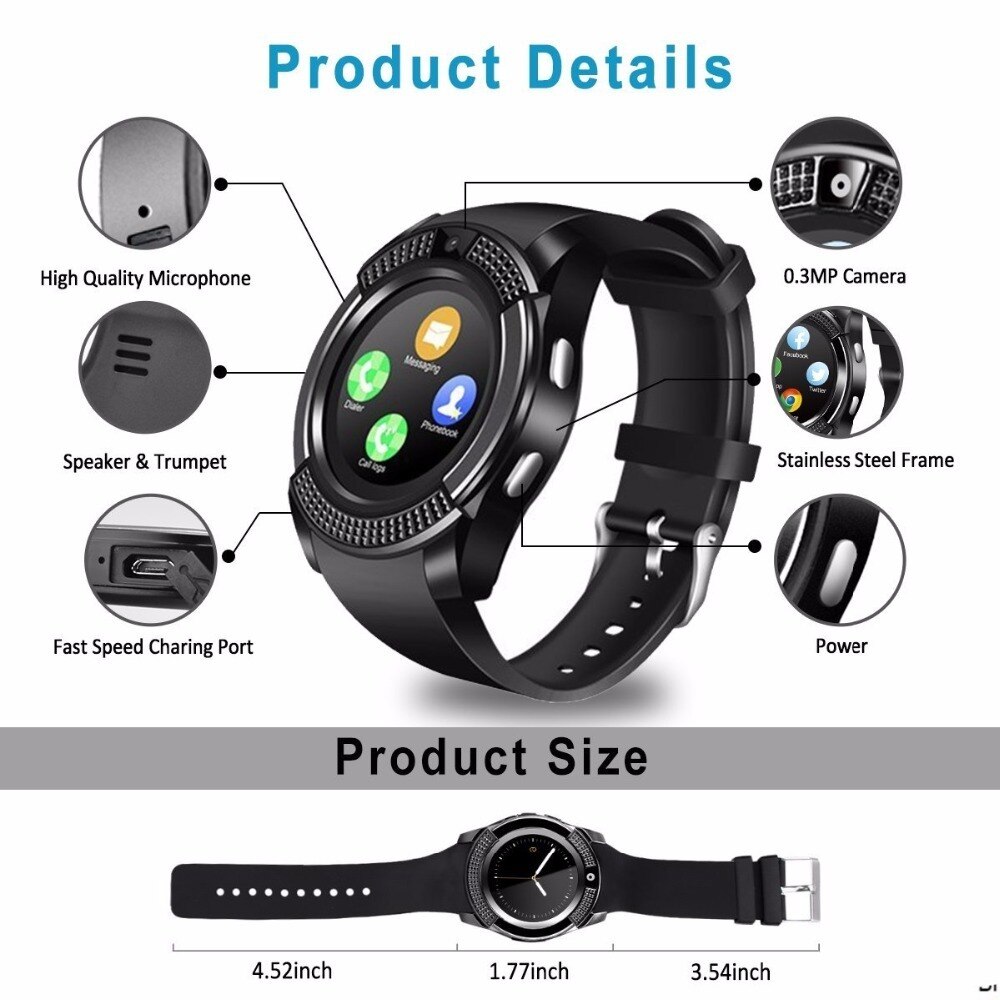 V8 Smart Watch Men Bluetooth Sport Watches Women Ladies Smartwatch with Camera Sim Card Slot for Android Information reminder