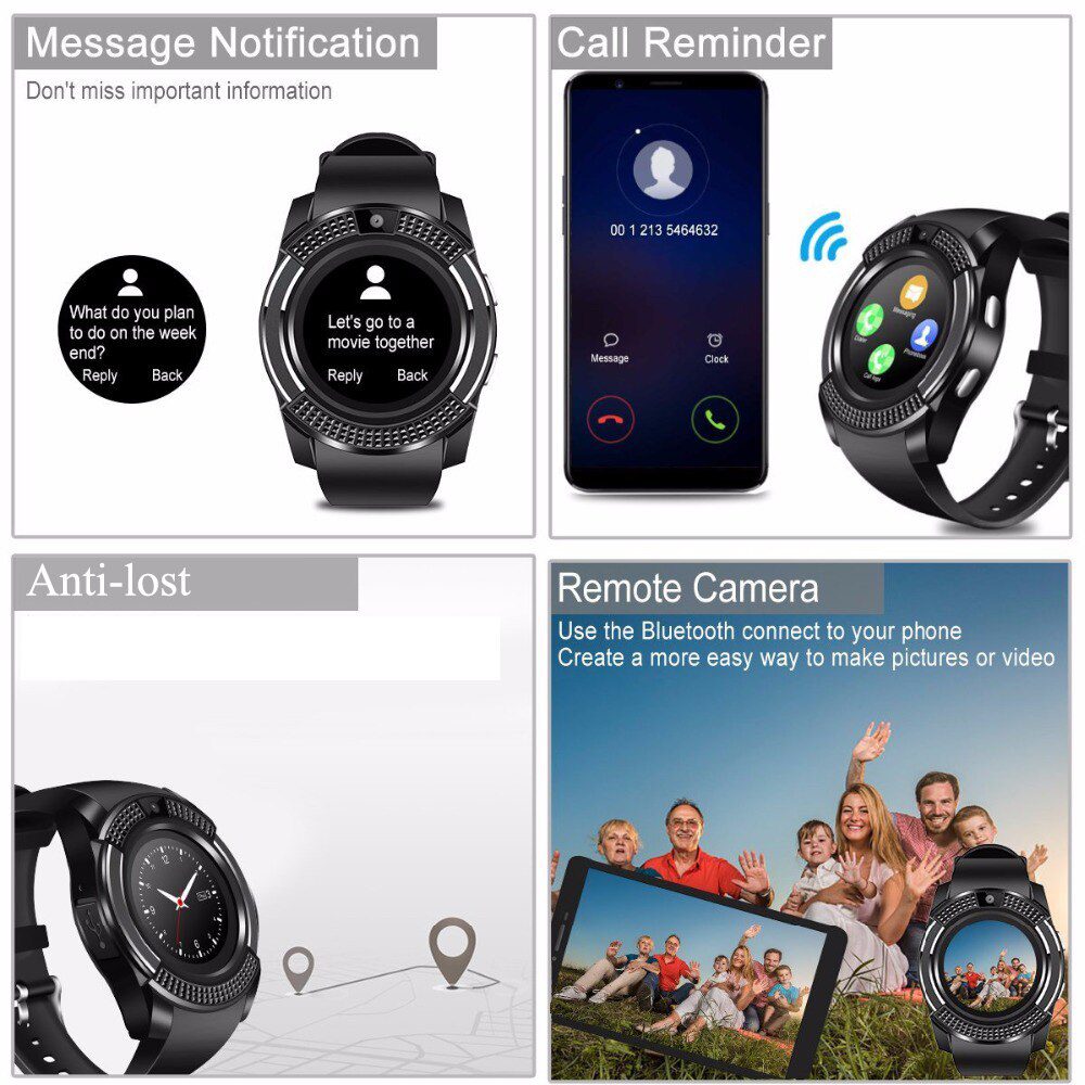 V8 Smart Watch Men Bluetooth Sport Watches Women Ladies Smartwatch with Camera Sim Card Slot for Android Information reminder