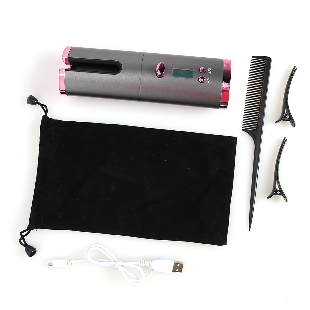 Portable Wireless Automatic Curling Iron Hair Curler USB Rechargeable for LCD Display Curly Machine with 1 Comb+2pc Clips