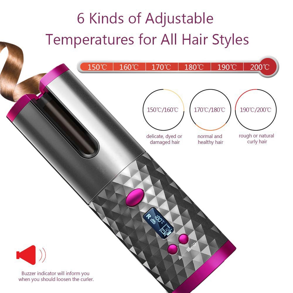Portable Wireless Automatic Curling Iron Hair Curler USB Rechargeable for LCD Display Curly Machine with 1 Comb+2pc Clips