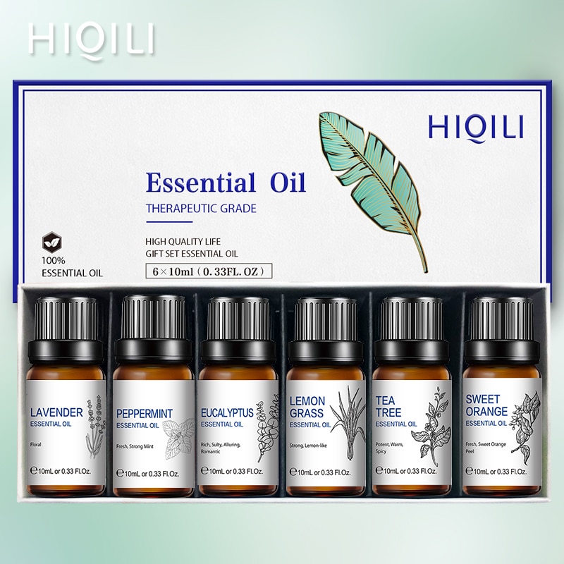HIQILI 6Pcs/set 10ML Essential Oil Gift Box Tea Tree Peppermint Lavender Lemongrass Eucalyptus Vanilla Cinnamon Sandalwood Oil