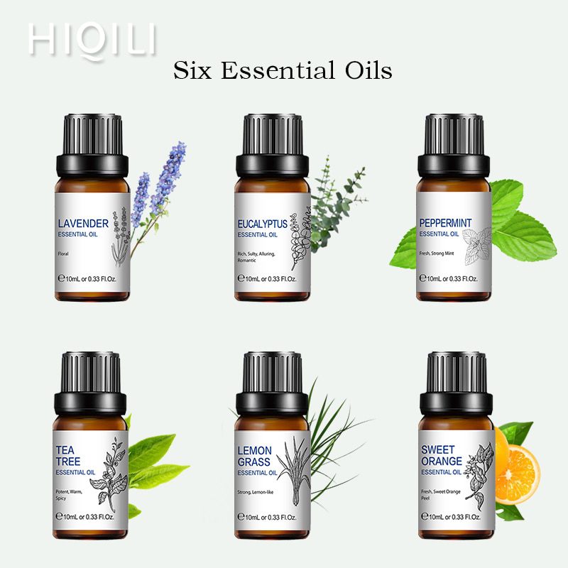 HIQILI 6Pcs/set 10ML Essential Oil Gift Box Tea Tree Peppermint Lavender Lemongrass Eucalyptus Vanilla Cinnamon Sandalwood Oil