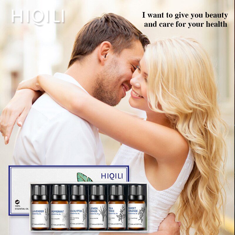 HIQILI 6Pcs/set 10ML Essential Oil Gift Box Tea Tree Peppermint Lavender Lemongrass Eucalyptus Vanilla Cinnamon Sandalwood Oil