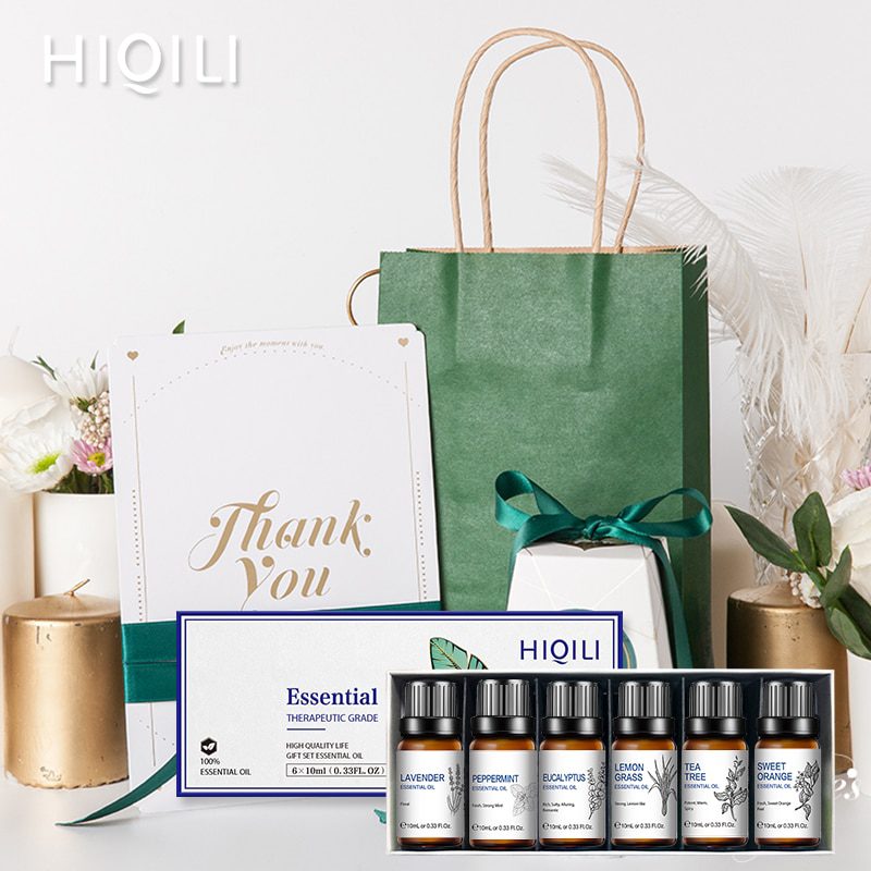 HIQILI 6Pcs/set 10ML Essential Oil Gift Box Tea Tree Peppermint Lavender Lemongrass Eucalyptus Vanilla Cinnamon Sandalwood Oil