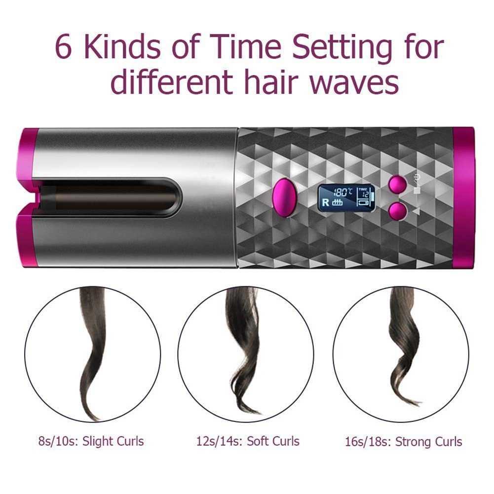 Cordless Automatic Hair Curler USB Rechargeable Curling Iron Curls Waves LCD Display Ceramic Curly Rotating Curling Wave Styer