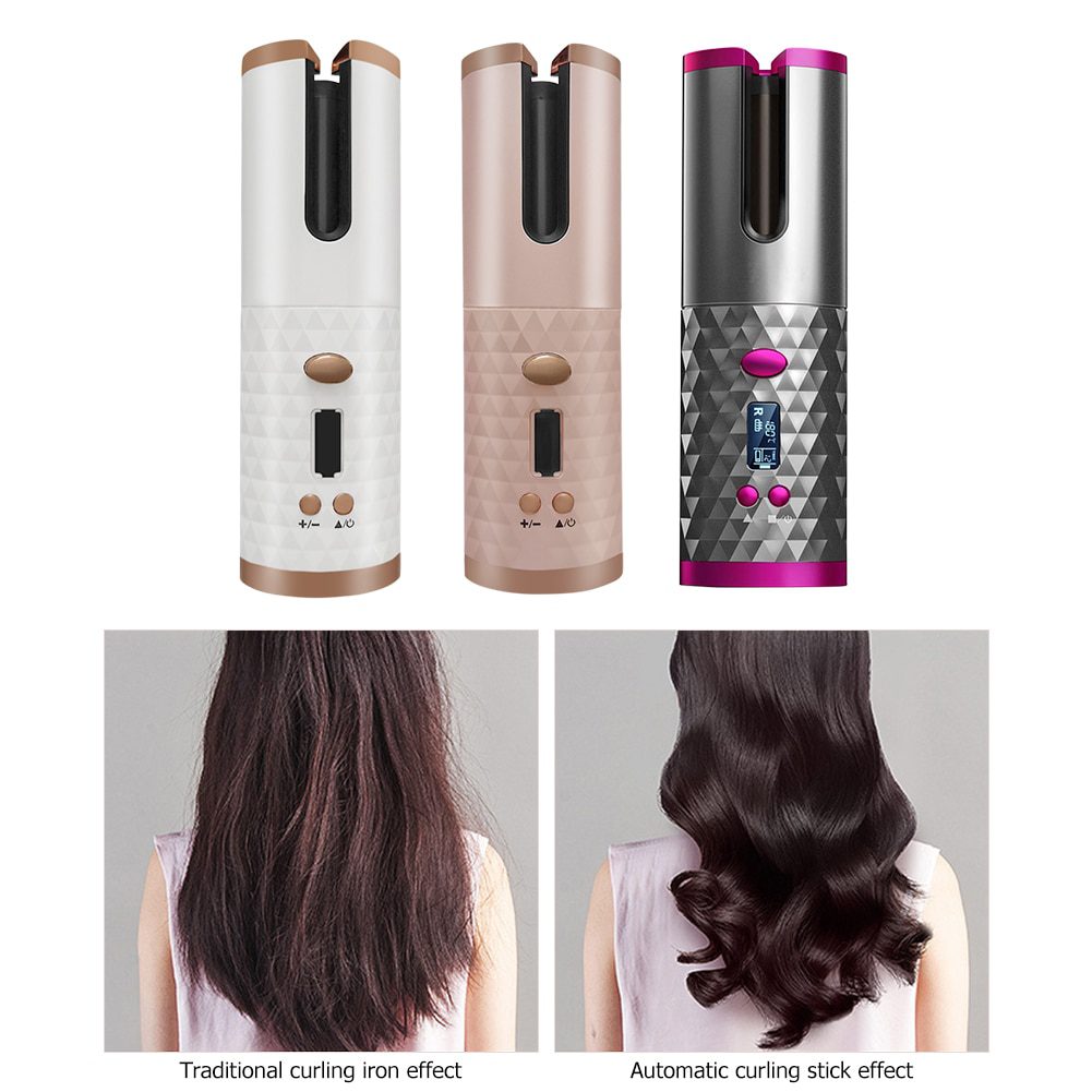 Cordless Automatic Hair Curler USB Rechargeable Curling Iron Curls Waves LCD Display Ceramic Curly Rotating Curling Wave Styer