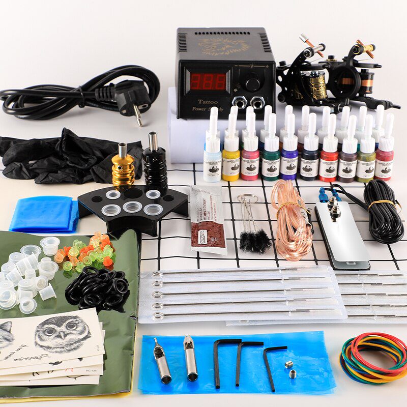 Tattoo Kit 2 Tattoo Machines Gun 20pc Ink Power Supply Tattoo Grips Body Art Tools Complete Tattoo Set Accessories Supplies