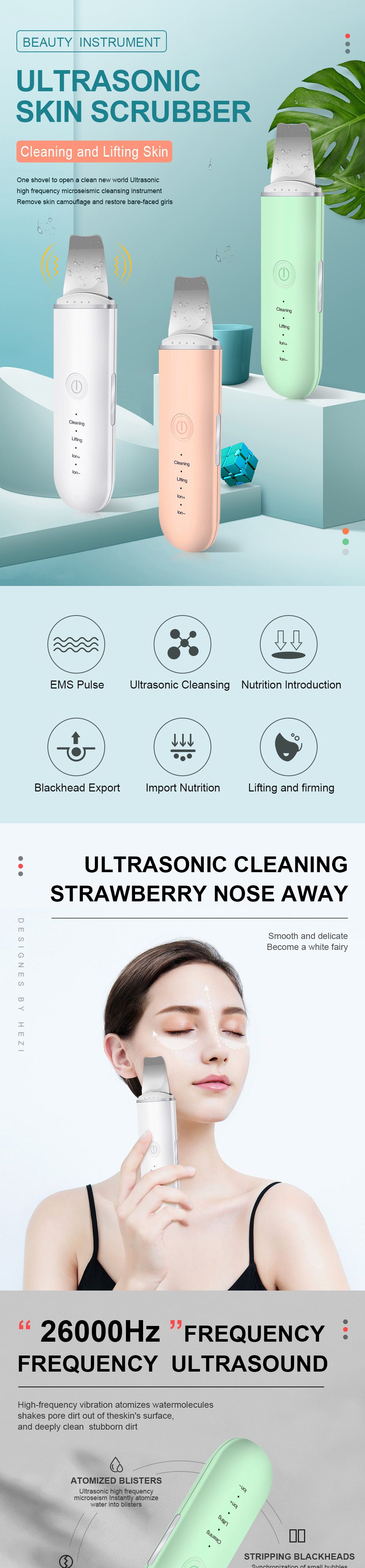 Ultrasonic Skin Scrubber Facial Cleansing Peeling Machine Blackhead Remover Pore Cleaner EMS LED Anti Aging Facial Massager EMS