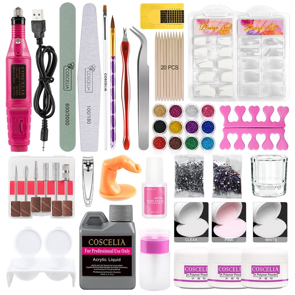 Full Nail Manicure Set Pro Acrylic Kit With Drill Machine Acrylic Liquid Nail Glue Glitter Powder Nail Tips Nail Art Tool Kit