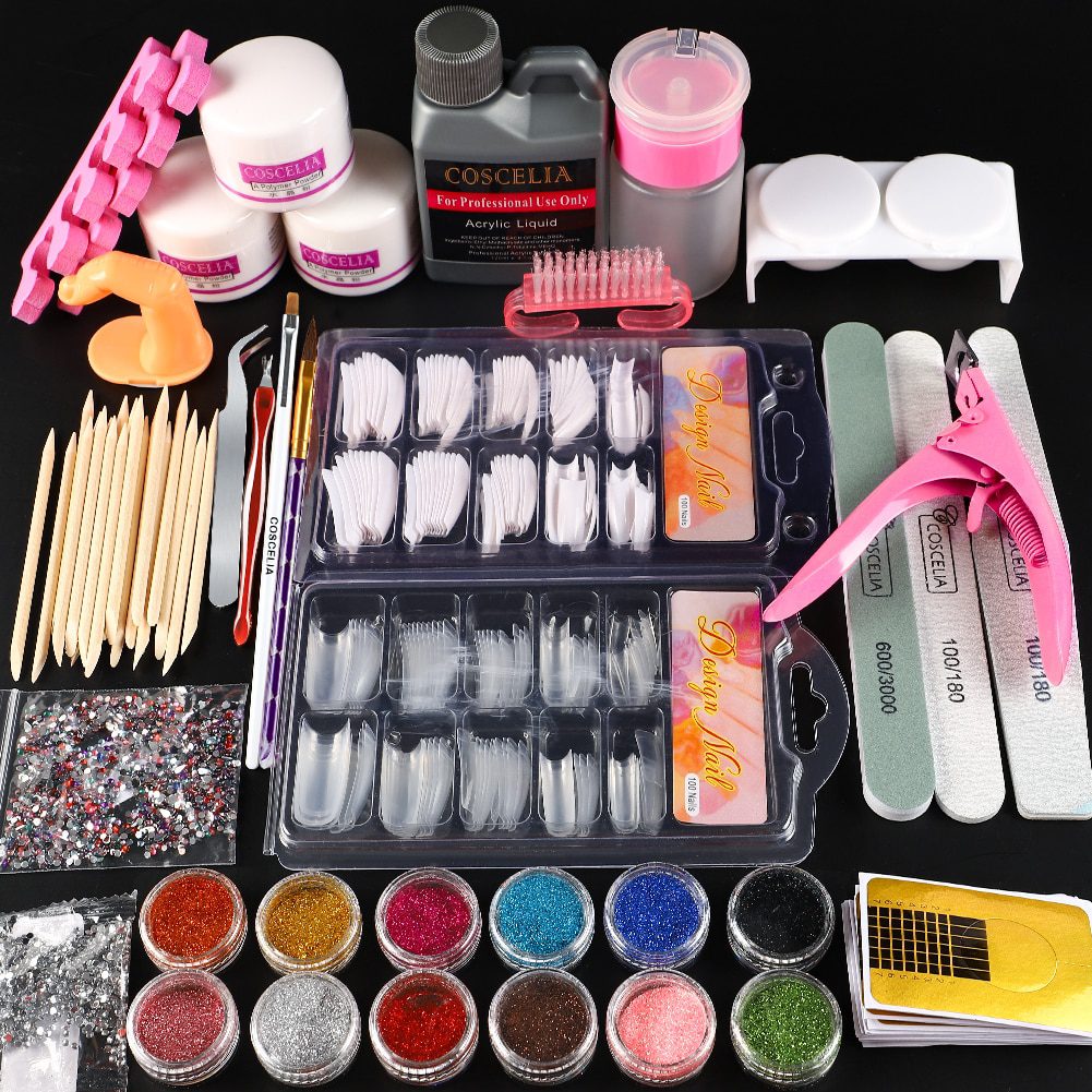 Full Nail Manicure Set Pro Acrylic Kit With Drill Machine Acrylic Liquid Nail Glue Glitter Powder Nail Tips Nail Art Tool Kit