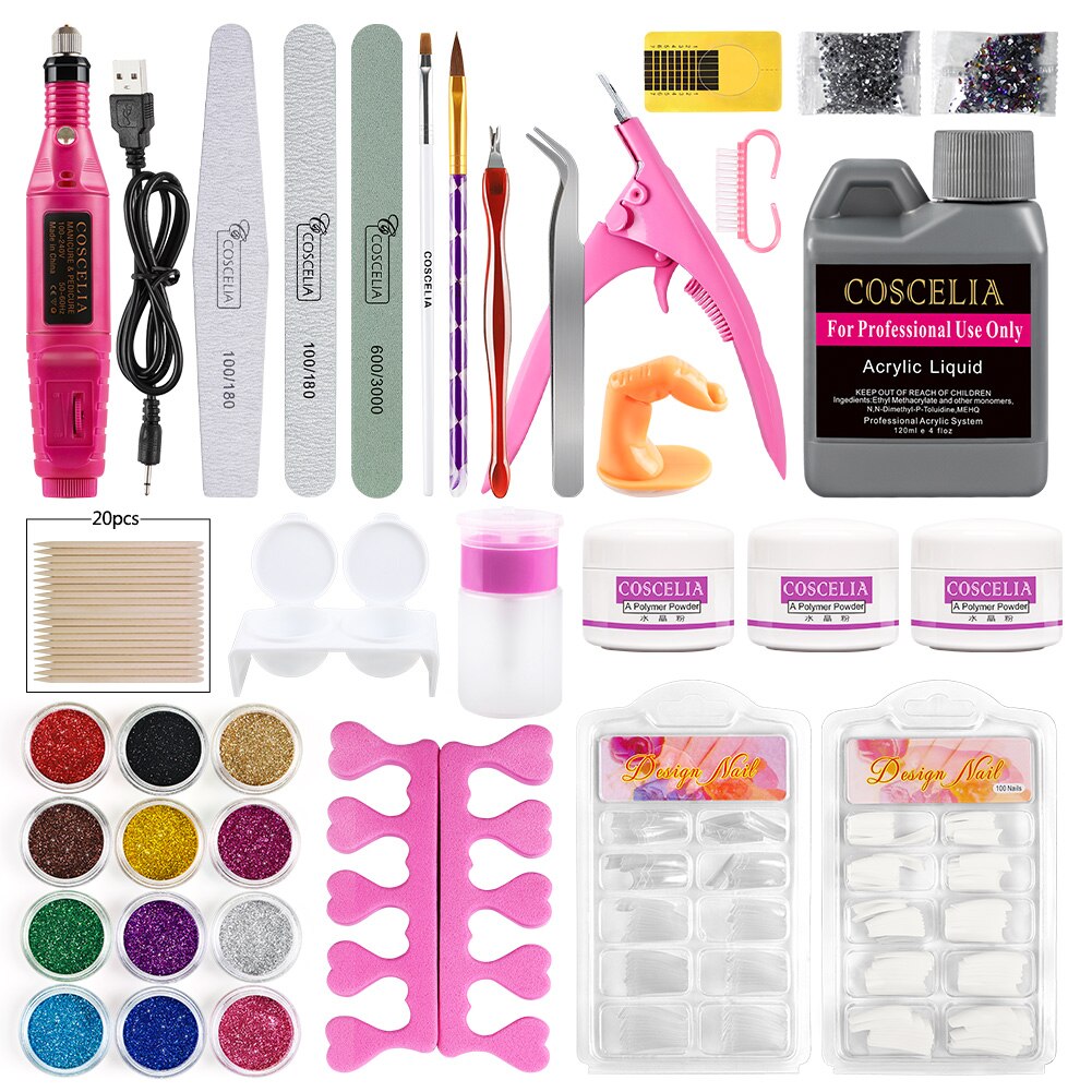 Full Nail Manicure Set Pro Acrylic Kit With Drill Machine Acrylic Liquid Nail Glue Glitter Powder Nail Tips Nail Art Tool Kit
