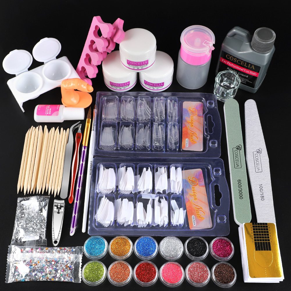 Full Nail Manicure Set Pro Acrylic Kit With Drill Machine Acrylic Liquid Nail Glue Glitter Powder Nail Tips Nail Art Tool Kit